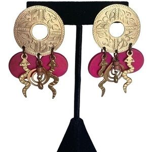 Macy’s vintage gold metal hoop pink disk tribal bohemian statement earri…